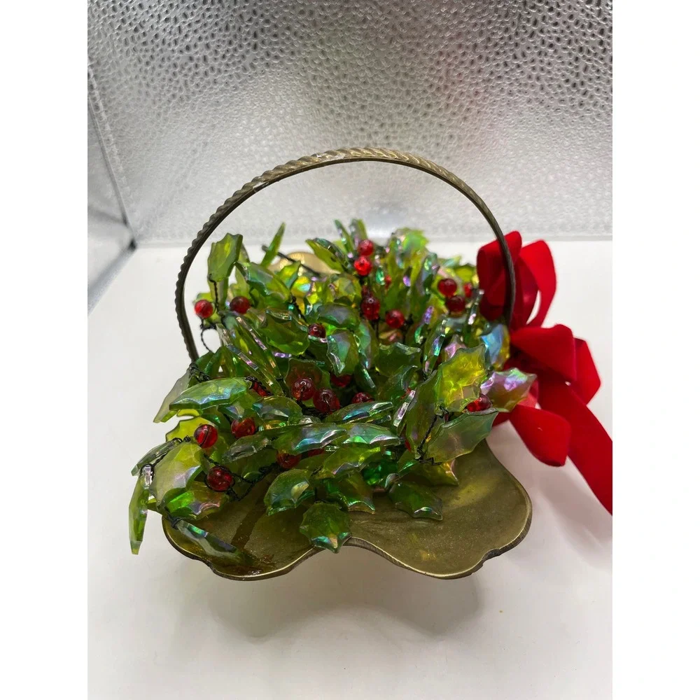 Brass Holly Berry Basket Christmas‎ Holiday Decor Red Velvet Bow Handmade India